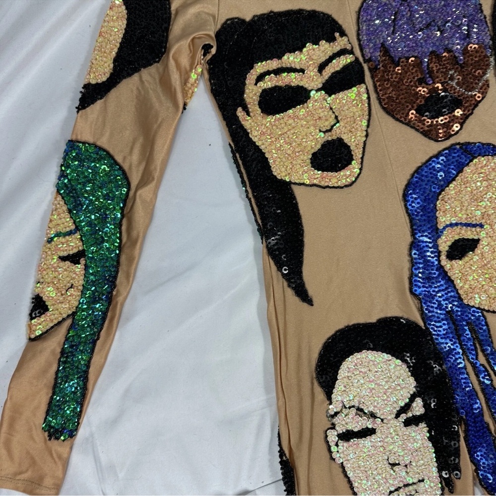 Discount Universe Sequin Nude Teal Blue Faces Bodysuit Size Small NEW With Tags - Picture 8 of 14